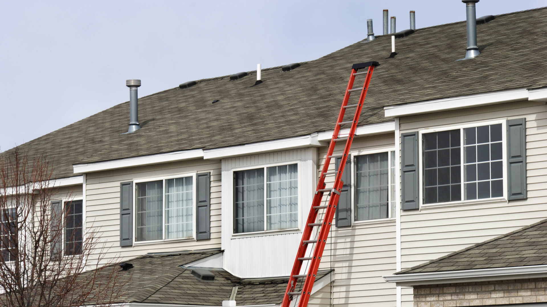 A ladder going up to a houses roof